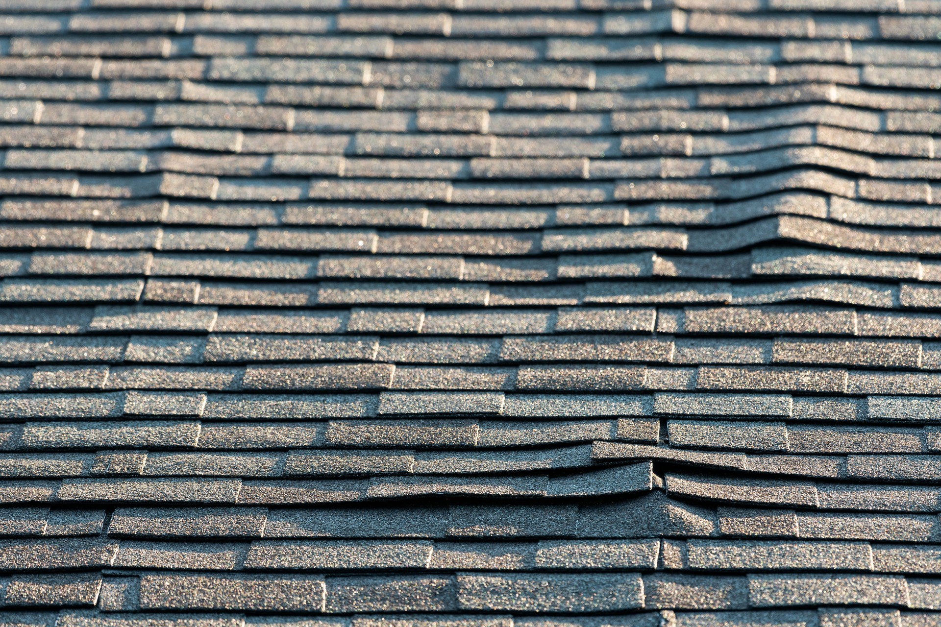 A residential asphalt shingled roof with some issues that can be damaging to the house.
